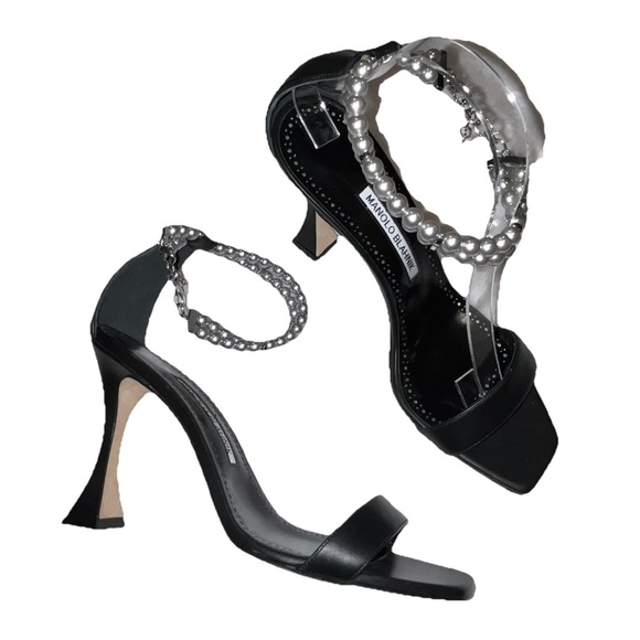 MANOLO BLAHNIK Charona Sandals black EU 38.5 105 Faux-Pearl heels open toe NWOT - Picture 4 of 12